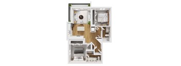 Liberty Blvd Apartments, Salt Lake City, UT, Floor Plan Linden A white and wood floor plan of a small apartment.