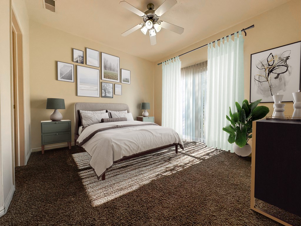 Liberty Commons Apartments, West Valley City, Utah, bedroom with a bed, nightstands, curtains and a ceiling fan