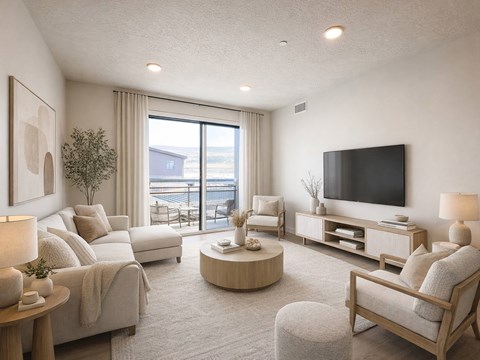 Liberty Sage Apartments, Park City, Utah, a well-lit, modern living room with a large window and a flat-screen TV.