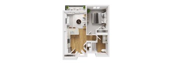 Liberty Blvd Apartments, Salt Lake City, UT, Floor Plan Pico HCA A white and wood floor plan of a small apartment.