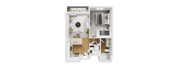 Liberty Blvd Apartments, Salt Lake City, UT, Floor Plan Queens A white floor plan of a small apartment with a kitchen, living room, and bathroom.