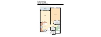 A floor plan of a one bedroom, one bathroom apartment.