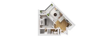 Liberty Blvd Apartments, Salt Lake City, UT, Floor Plan Saunders A white dollhouse with a kitchen and living room.