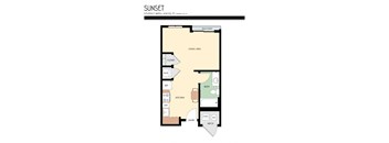 A floor plan of a Sunset Studio apartment with 1 bath and 438 square feet.