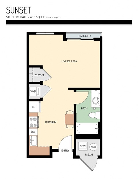 A floor plan of a Sunset Studio apartment with 1 bath and 438 square feet.