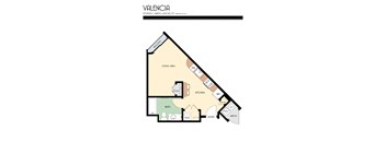 A floor plan of a studio apartment with a living area, kitchen, bathroom, and closet.