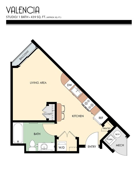 A floor plan of a studio apartment with a living area, kitchen, bathroom, and closet.