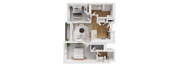 Liberty Blvd Apartments, Salt Lake City, UT, Floor Plan Ventura HCA A white and wood floor plan of a small apartment.