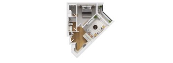 Liberty Blvd Apartments, Salt Lake City, UT, Floor Plan Victory A 3D floor plan of a small apartment with a kitchen, living room, and bathroom.