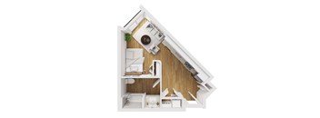 Liberty Blvd Apartments, Salt Lake City, UT, Floor Plan Wilshire A top down view of a kitchen with a dining table and chairs.