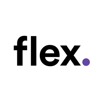A logo with the word "flex" and a purple dots.