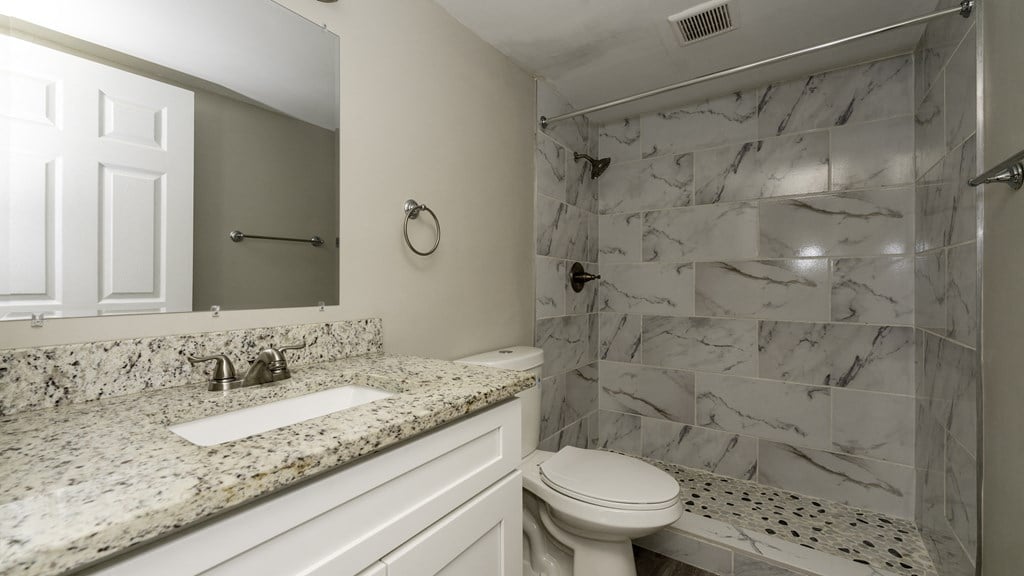 a bathroom with a sink and a toilet and a shower at Palm Cove Apartments, Daytona Beach, FL 32114