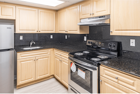a kitchen with wooden cabinets and black granite countertops