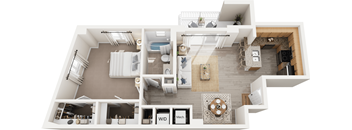 A floor plan of a house with a living room, dining room, kitchen, and two bedrooms.