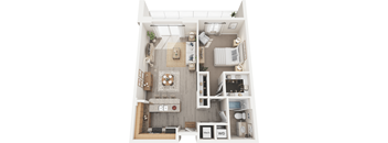 A floor plan of a small apartment with a living room, kitchen, and bathroom.