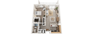 A floor plan of a small apartment with a kitchen, living room, and bathroom.