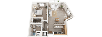 A top down view of a small apartment with a living room, kitchen, and bathroom.