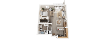 A floor plan of a house with a living room, dining room, kitchen, and bathrooms.