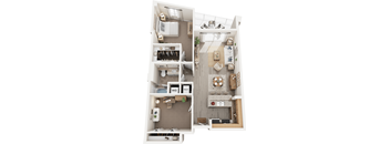 A floor plan of a small apartment with a kitchen, living room, and bedrooms.