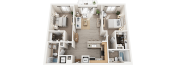 A top-down view of a well-organized apartment with labeled rooms.