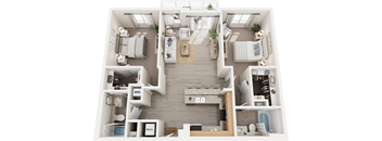 A top-down view of a well-organized apartment with a living room, kitchen, and two bedrooms.