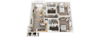 A top-down view of a small apartment with a kitchen, living room, and bedroom.