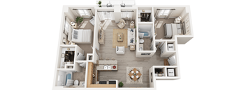 A top-down view of a well-organized apartment with a living room, kitchen, and bathroom.
