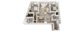A top-down view of a modern, white-walled, multi-level apartment with a living room, kitchen, dining area, and bedrooms.