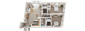 A top-down view of a well-organized apartment with a kitchen, living room, and bedrooms.