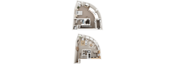 A floor plan of a curved building with two levels.