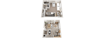 A floor plan of a small apartment with two bedrooms and a living area.