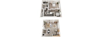 A top-down view of a two-story apartment with a living room, kitchen, and bedrooms.