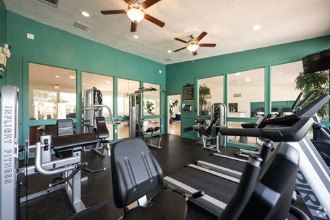 a gym with cardio machines and a ceiling fan at Lakeside Gardens, Daytona Florida