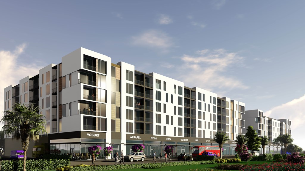 an artist rendering of an apartment building atrium with cars parked in front of it