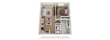 a 1 bedroom floor plan with a bedroom and a living room