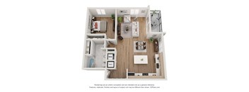 a stylized floor plan of a 1 bedroom apartment