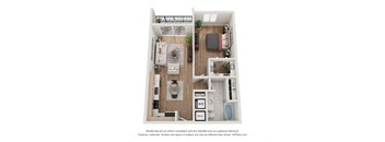 a stylized floor plan of a 1 bedroom unit with a bathroom and a balcony