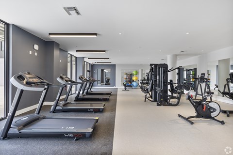 A gym with treadmills and exercise bikes.
