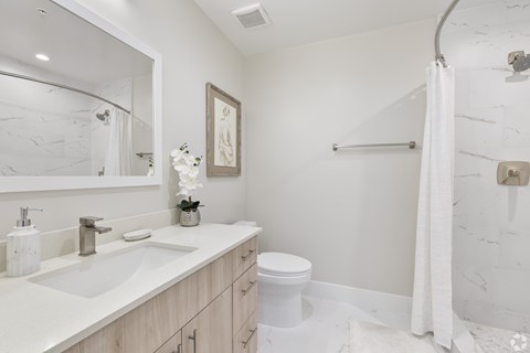 A white bathroom with a toilet, sink, and shower.