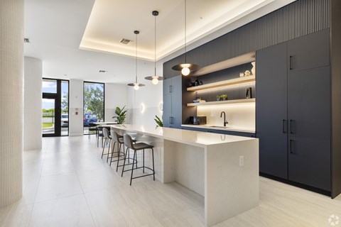 A modern kitchen with a bar area and a view of the outdoors.