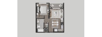 A floor plan of a house with a kitchen, living room, and two bedrooms.