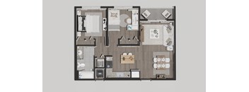 A floor plan of a house with a kitchen, living room, and dining area.