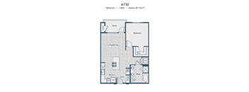 A730 floor plan with one bedroom, one bath, and approximately 821 square feet.