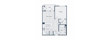 A floor plan of a house with a deck, living/dining area, kitchen, bathroom, and bedroom.