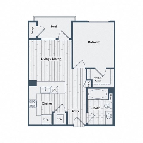 A floor plan of a house with a deck, living/dining area, kitchen, bathroom, and bedroom.