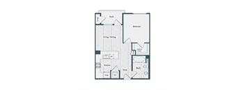 A floor plan of a house with a deck, living/dining area, kitchen, bathroom, and bedroom.