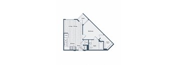 A floor plan of a house with a deck, living/dining area, kitchen, bathroom, bedroom, and walk-in closet.