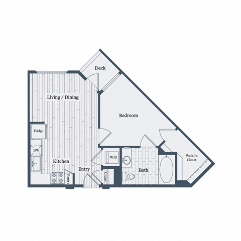 A floor plan of a house with a deck, living/dining area, kitchen, bathroom, bedroom, and walk-in closet.