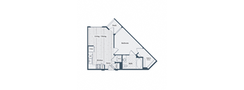 A floor plan of a house with a deck, living/dining area, kitchen, bathroom, bedroom, and walk-in closet.