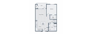 A floor plan of a house with a deck, bedroom, living/dining area, kitchen, bathroom, pantry, and entry.